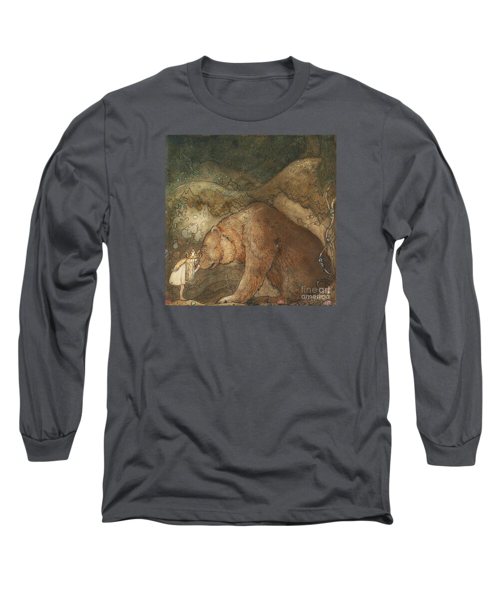 John Bauer Long Sleeve T-Shirt featuring the painting Poor Little Bear #3 by Celestial Images