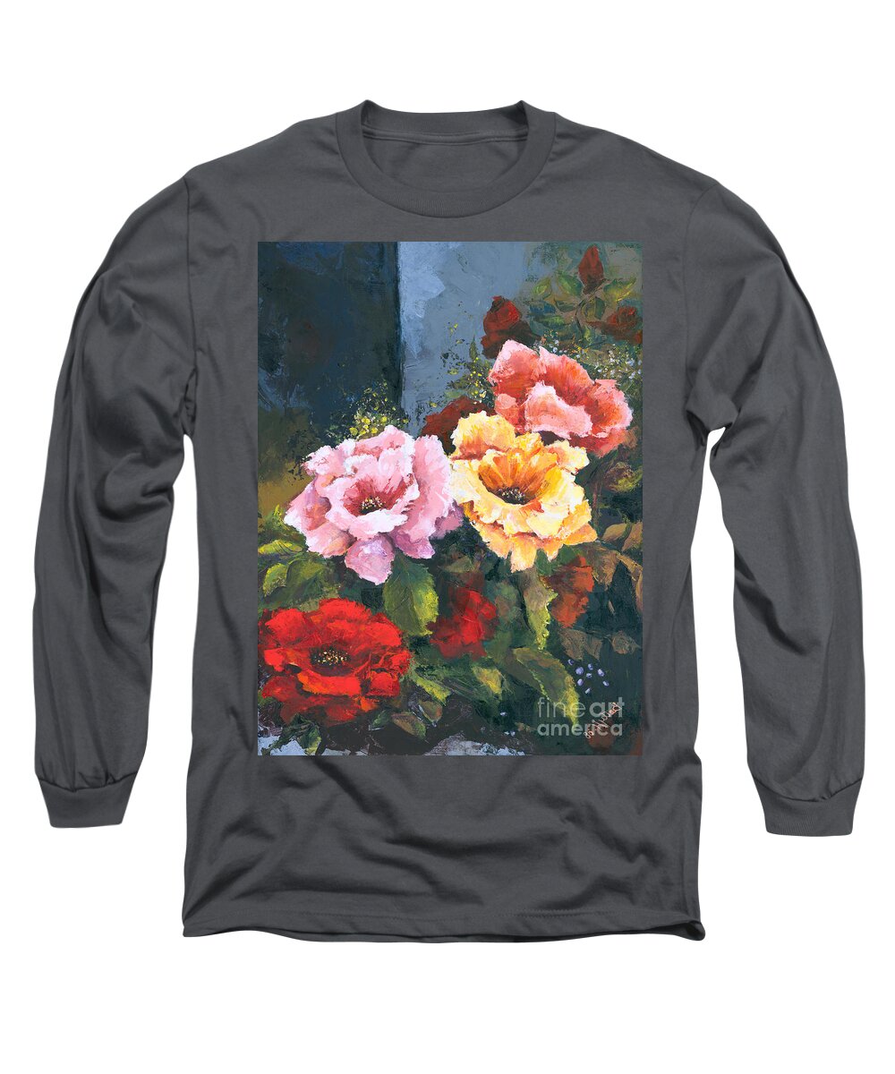 Flowers Long Sleeve T-Shirt featuring the painting Roses by Elisabeta Hermann