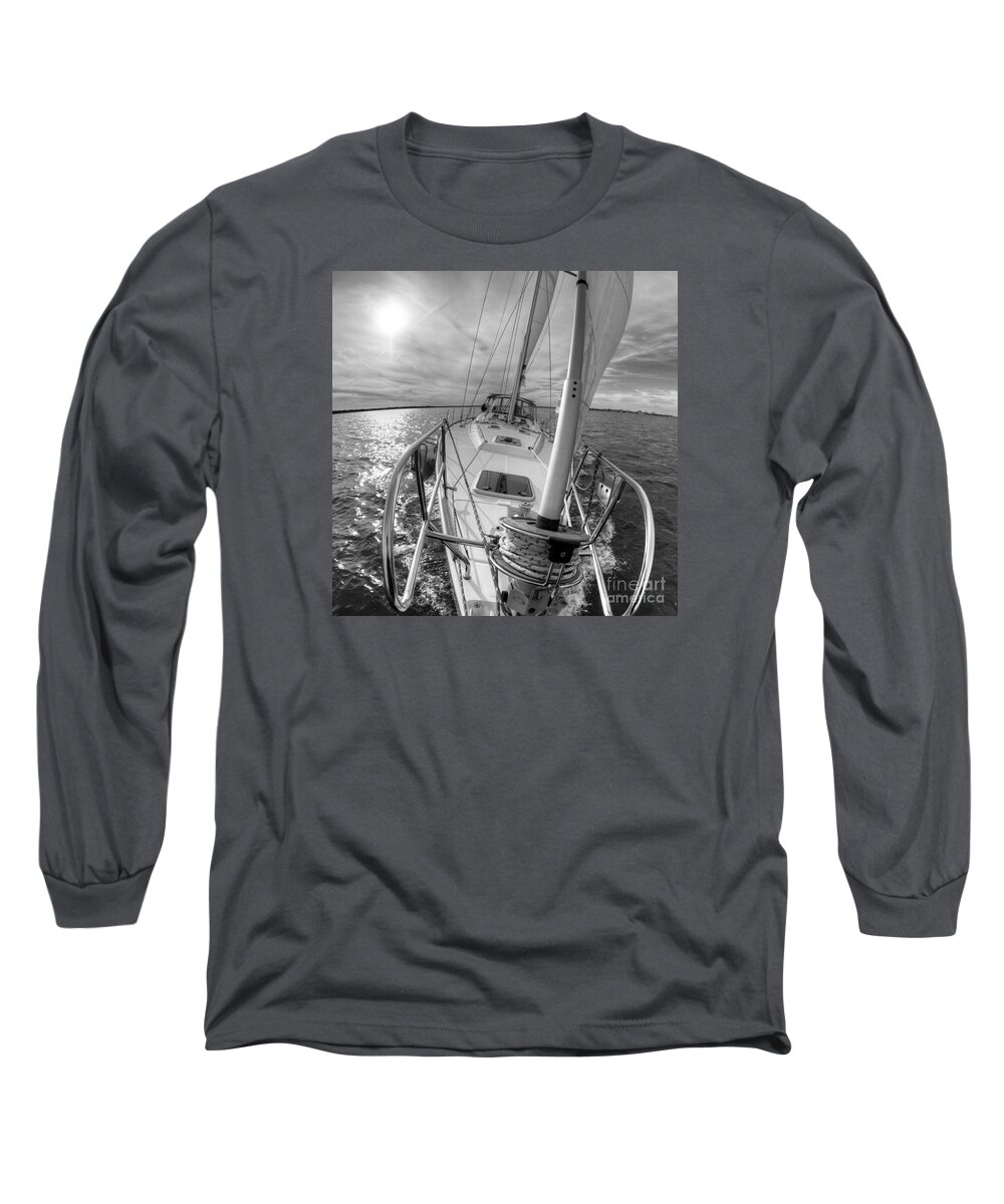 Sailing Long Sleeve T-Shirt featuring the photograph Sailing Yacht Fate Beneteau 49 Black and White #1 by Dustin K Ryan