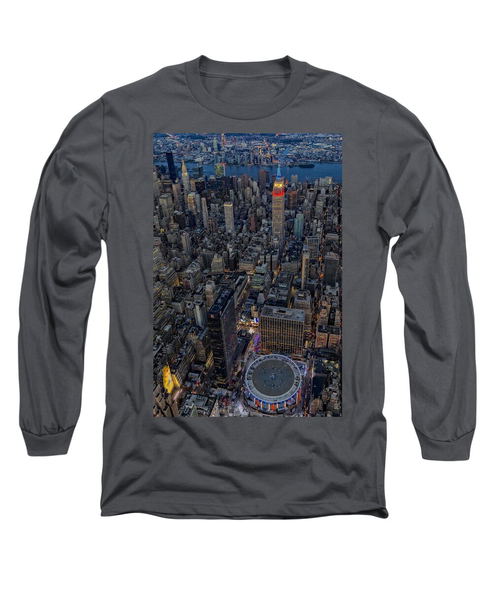 Aerial View Long Sleeve T-Shirt featuring the photograph September 11 NYC Tribute #1 by Susan Candelario
