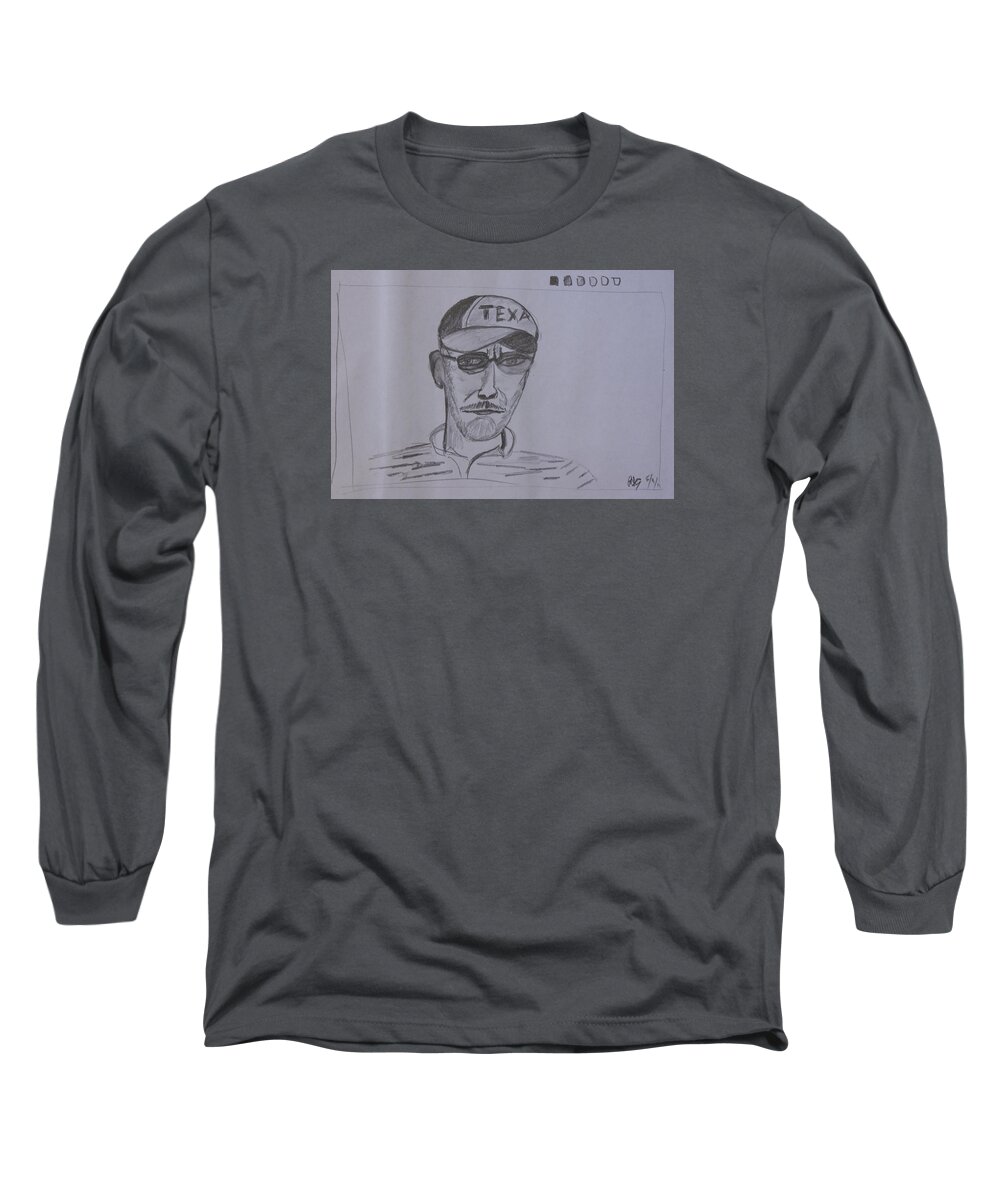 Texan Long Sleeve T-Shirt featuring the drawing Serious Texan #1 by Roger Cummiskey