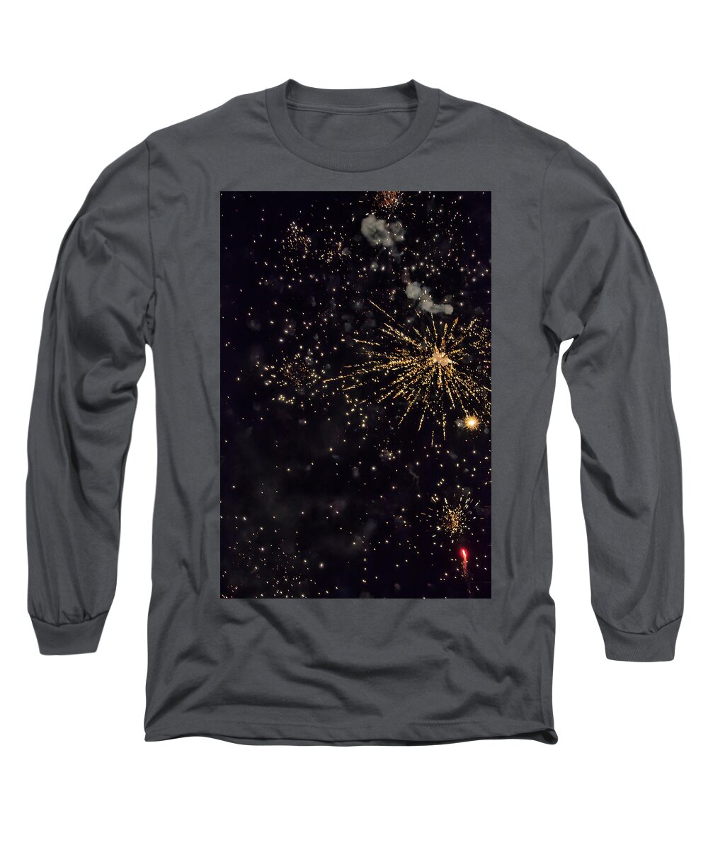 Black Long Sleeve T-Shirt featuring the photograph Shining Colorful Firework Over A Dark Night Sky #1 by Gina Koch