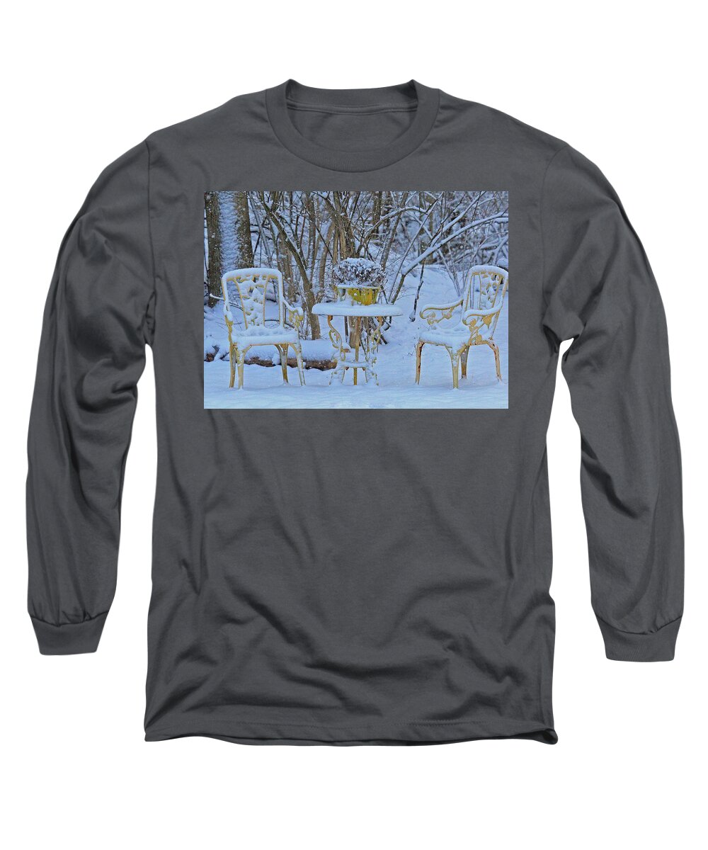 Snowy Sit A Spell Long Sleeve T-Shirt featuring the photograph Snowy Sit a Spell #1 by PJQandFriends Photography