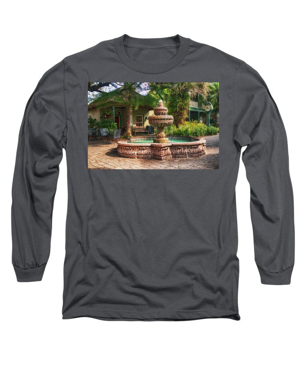 Fountain; Spanish; St. Augustine; Florida; St. George Street; Shops Long Sleeve T-Shirt featuring the photograph Spanish Fountain #1 by Mick Burkey