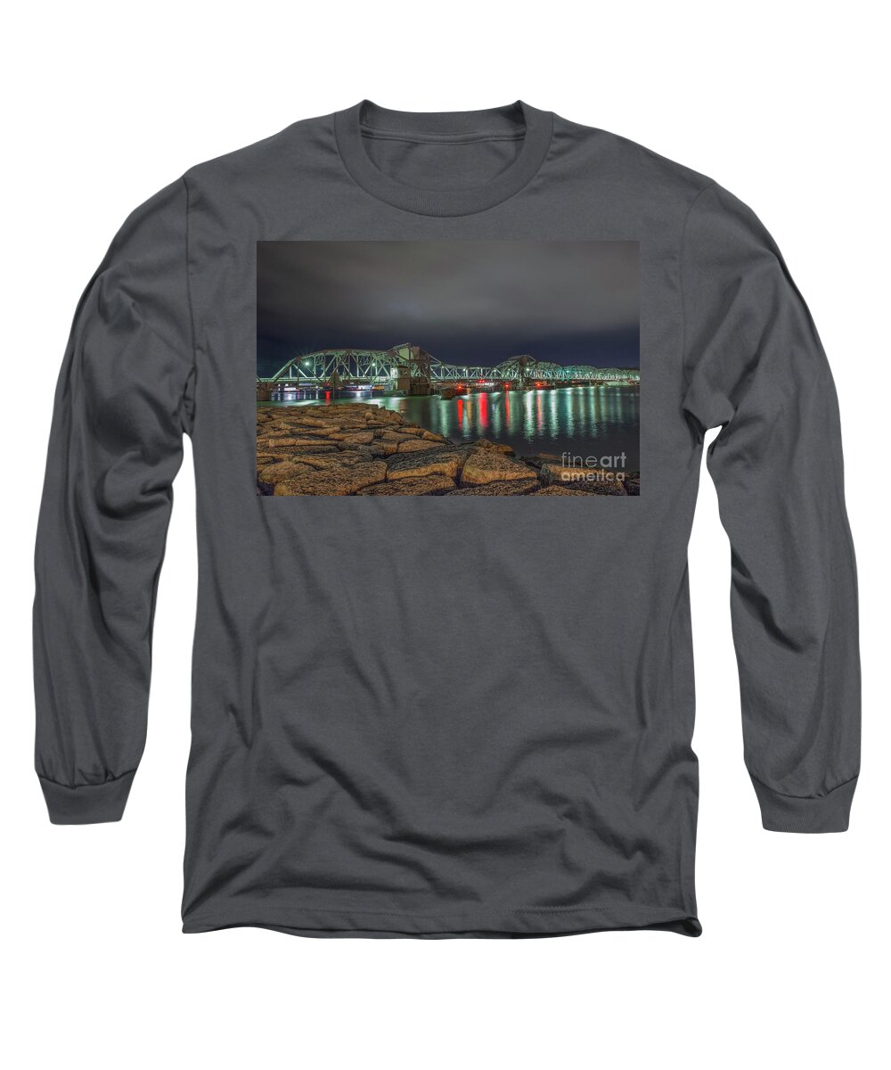 Sturgeon Bay Long Sleeve T-Shirt featuring the photograph Sturgeon Bay Steel Bridge at Night #1 by Nikki Vig