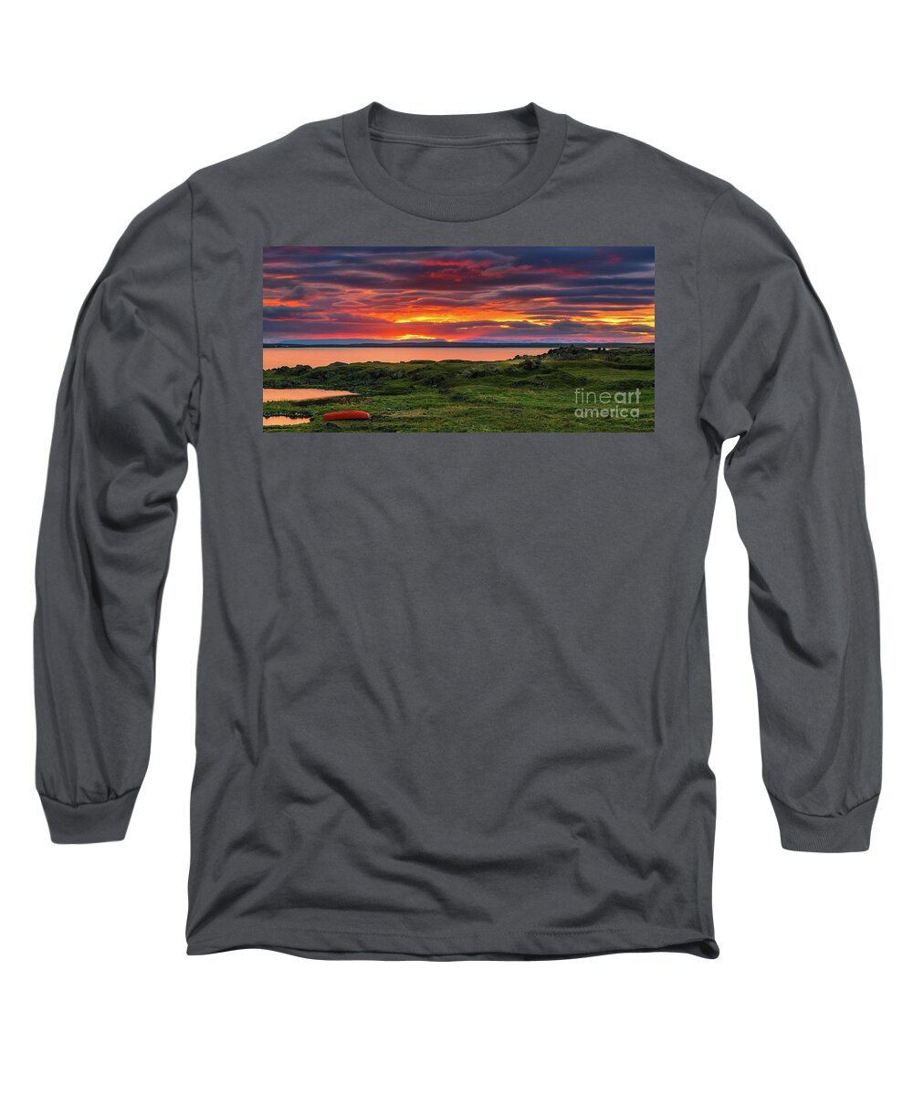 Canoe Long Sleeve T-Shirt featuring the photograph Sunset Lake Myvatn #2 by Henk Meijer Photography