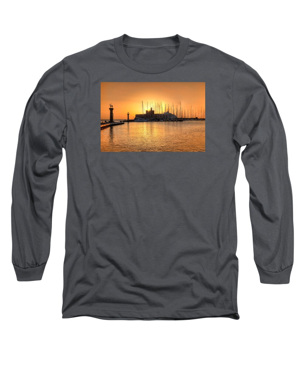 Aegean Long Sleeve T-Shirt featuring the photograph The sunrise at the old port of Rhodes - Greece #1 by Constantinos Iliopoulos
