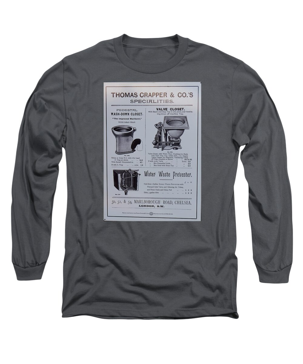 Poster Sign Advert Promotion Price List Victorian Wc Plumbing Equipment Toilet Water Closet Chelsea London Pounds Shillings Pence Long Sleeve T-Shirt featuring the photograph Thomas Crapper Water Closet Poster #1 by Jeff Townsend