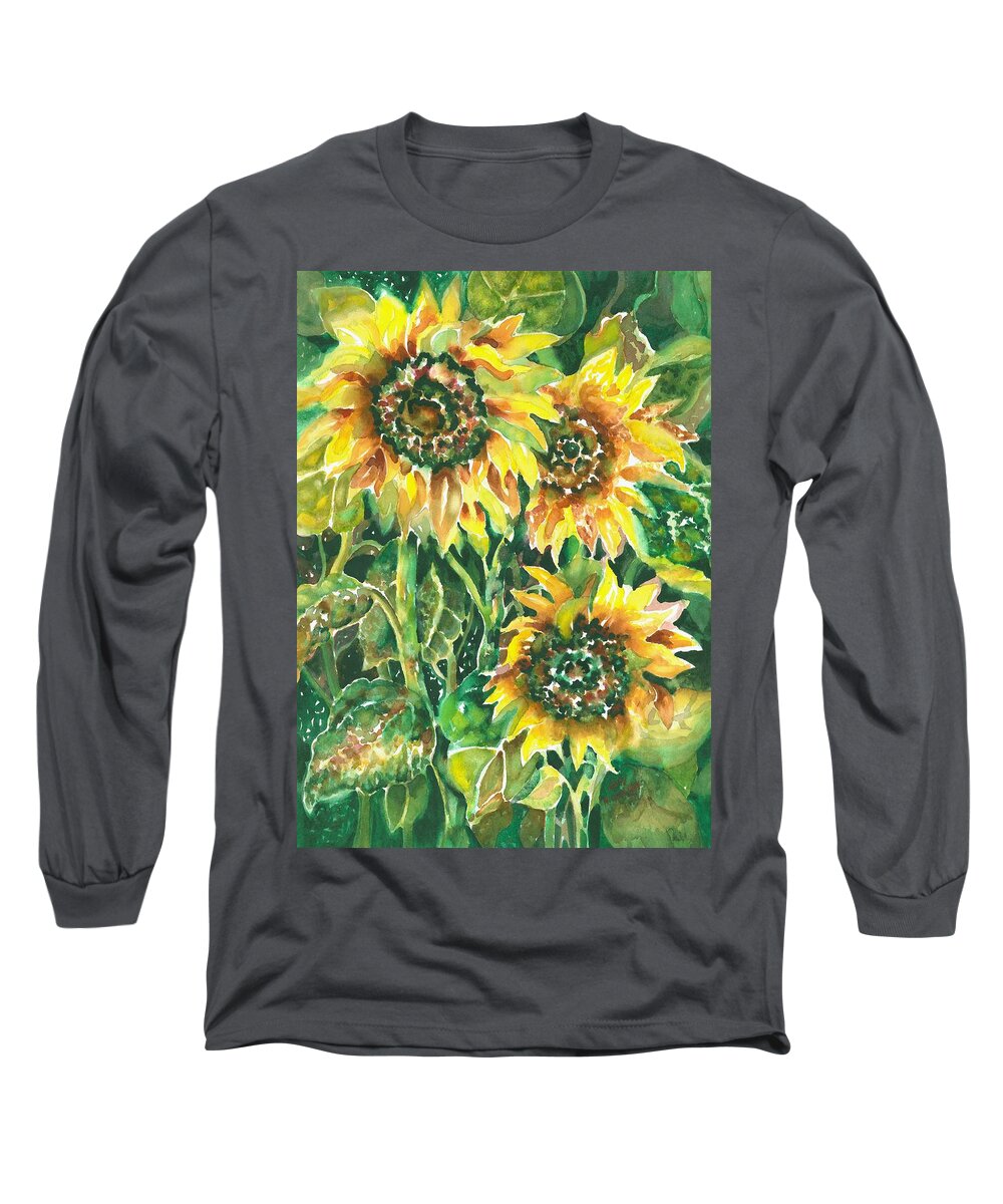 Sunflowers Long Sleeve T-Shirt featuring the painting Three's A Crowd #1 by Ann Nicholson