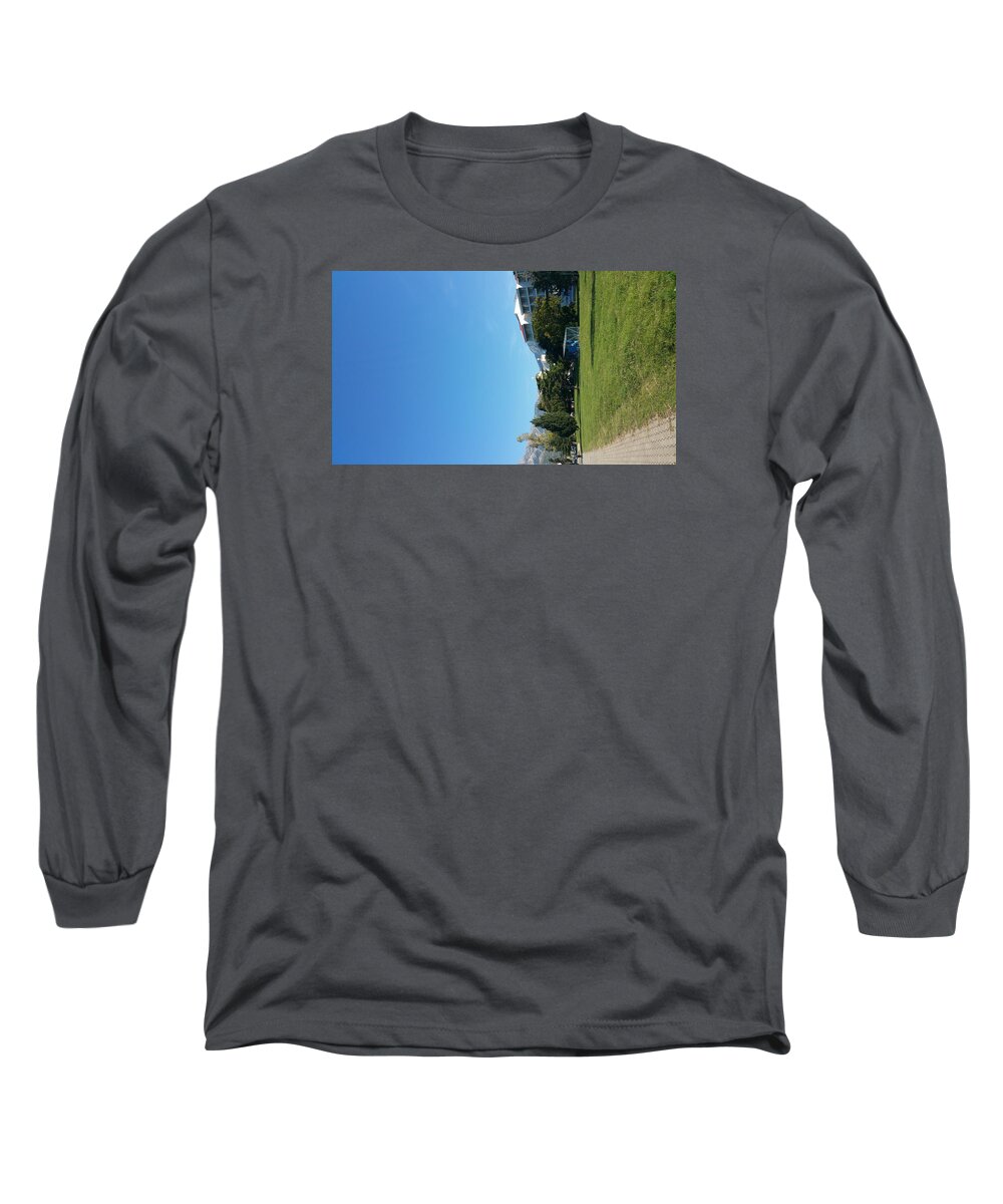  Long Sleeve T-Shirt featuring the photograph White building peeking through trees #1 by Zachary Lowery