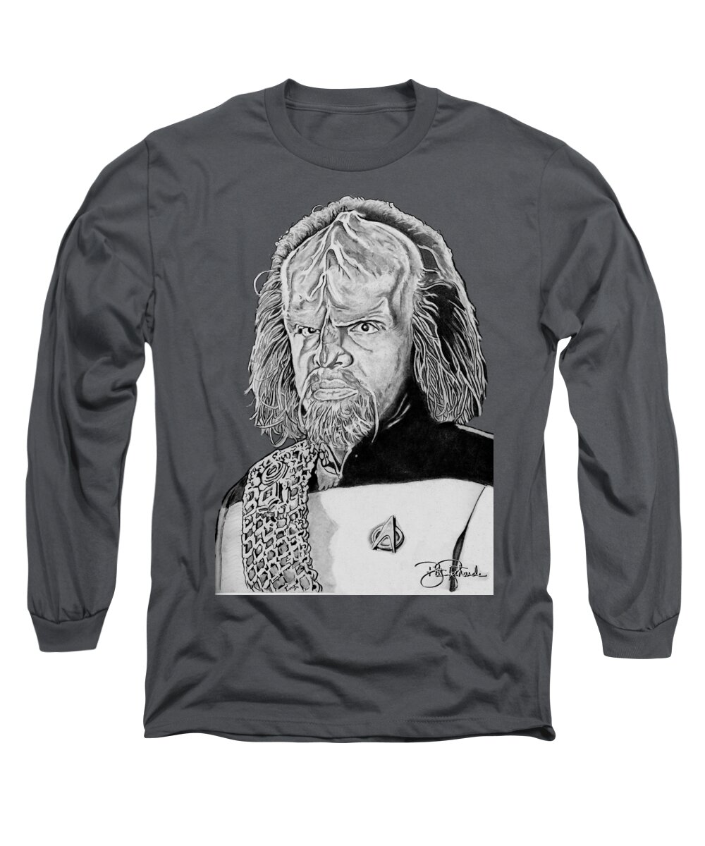 Worf Long Sleeve T-Shirt featuring the drawing Worf #1 by Bill Richards
