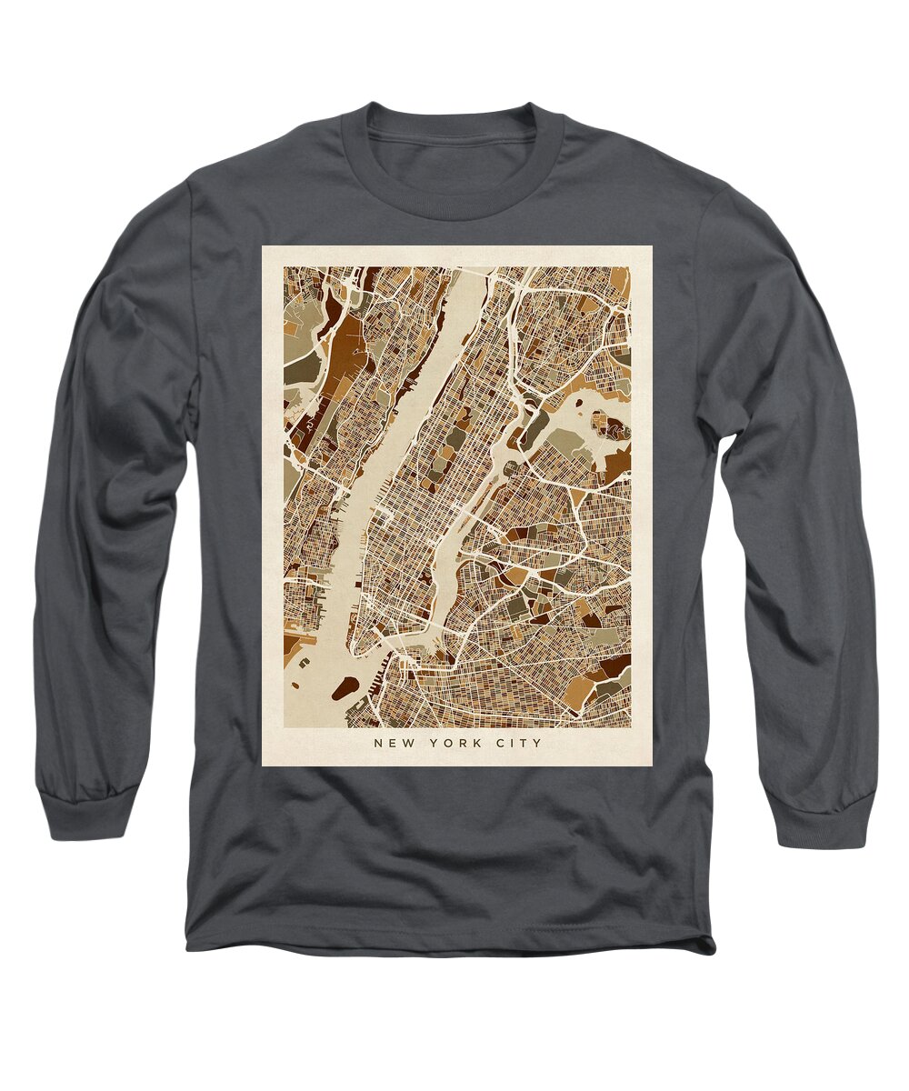 New York Long Sleeve T-Shirt featuring the digital art New York City Street Map #14 by Michael Tompsett