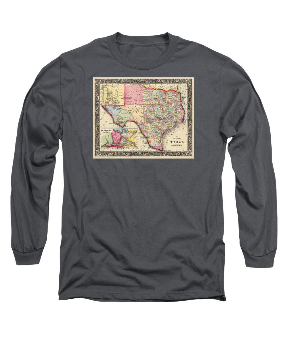 Texas Long Sleeve T-Shirt featuring the digital art 1860 Pre-Civil War County Map of Texas by S.A. Mitchell by Texas Map Store