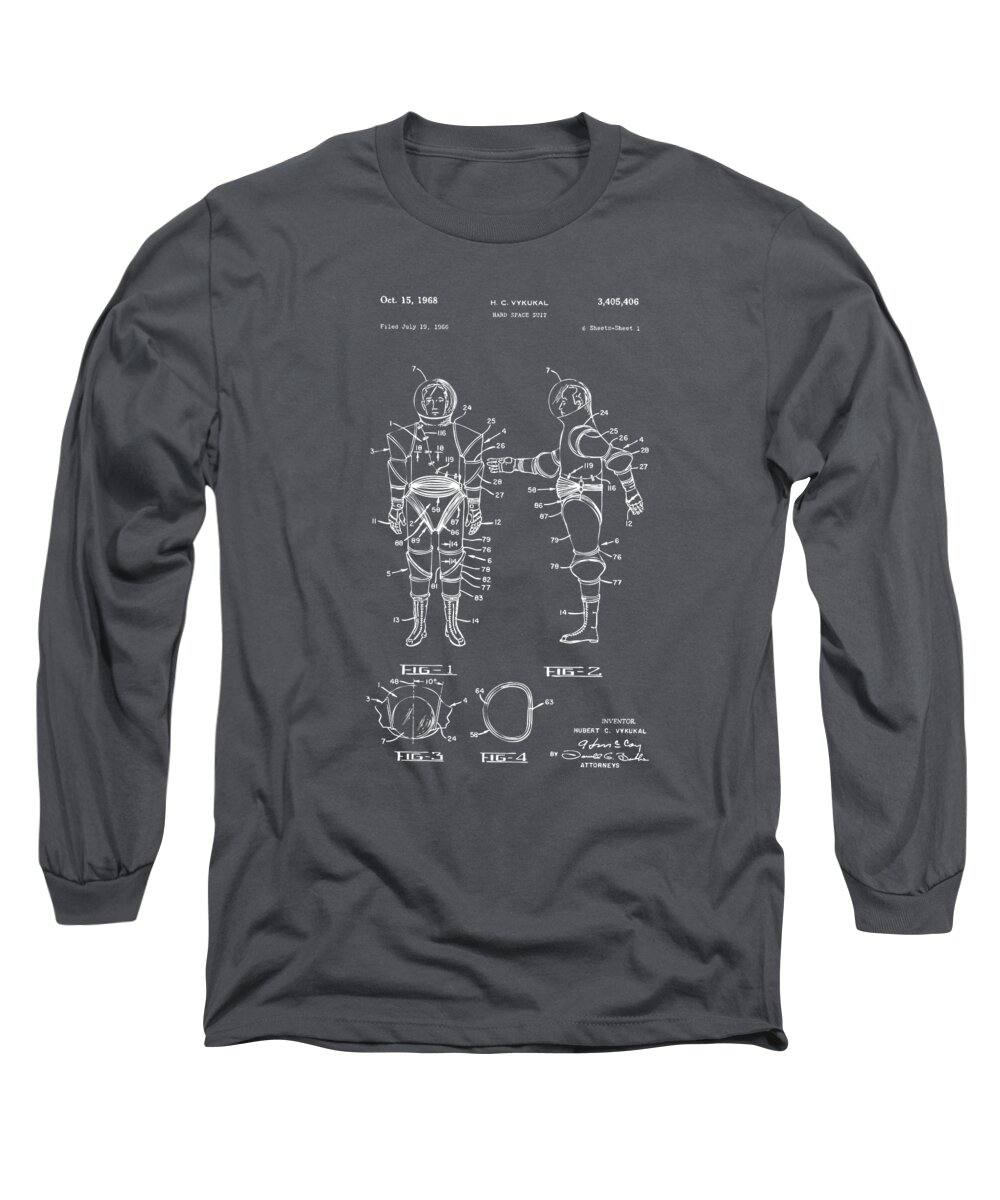Space Suit Long Sleeve T-Shirt featuring the digital art 1968 Hard Space Suit Patent Artwork - Gray by Nikki Marie Smith