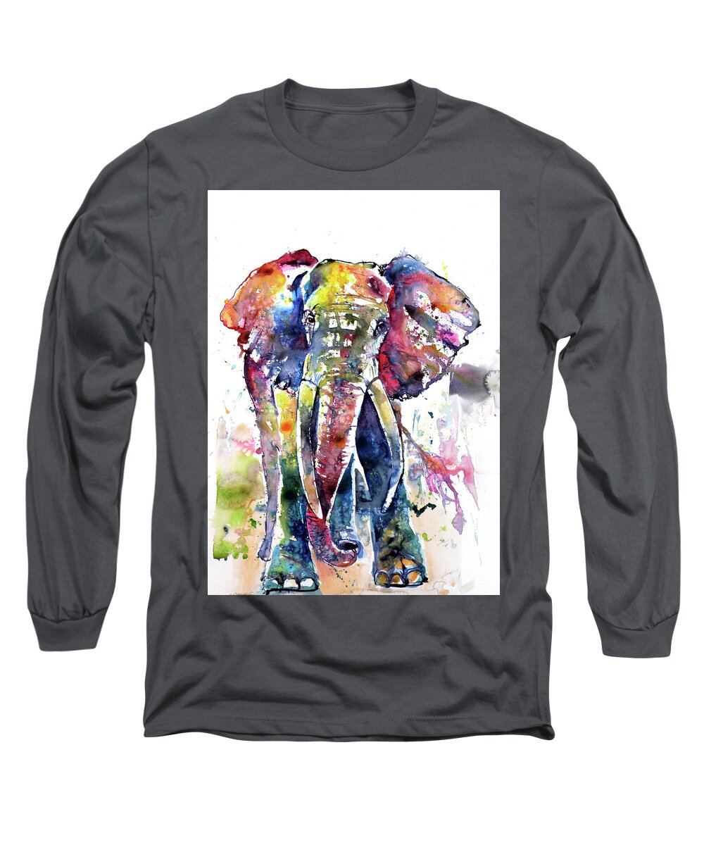 Animal Long Sleeve T-Shirt featuring the painting Big colorful elephant #2 by Kovacs Anna Brigitta