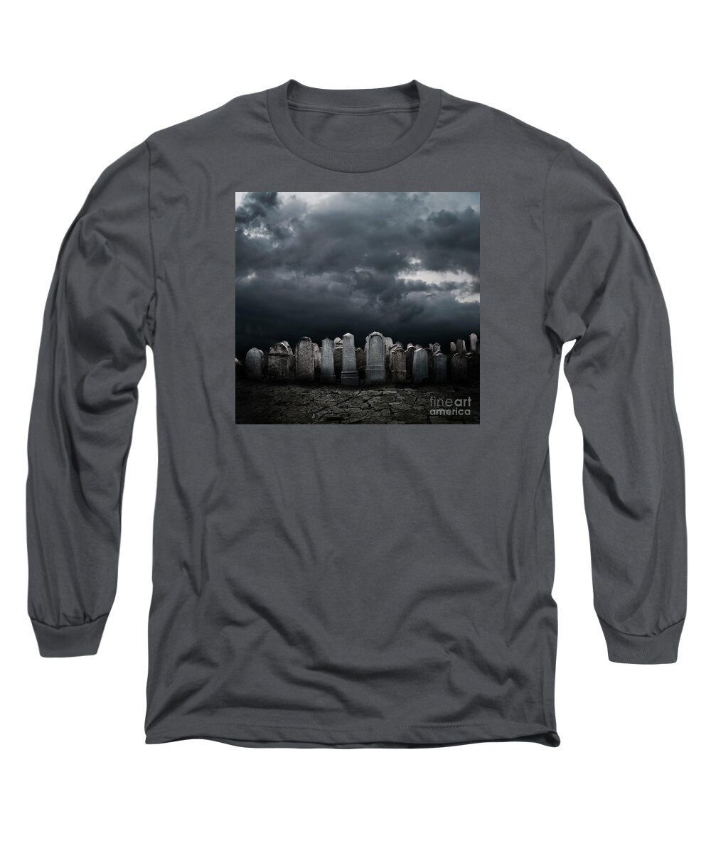 Graveyard Long Sleeve T-Shirt featuring the digital art Graveyard at night by Jelena Jovanovic