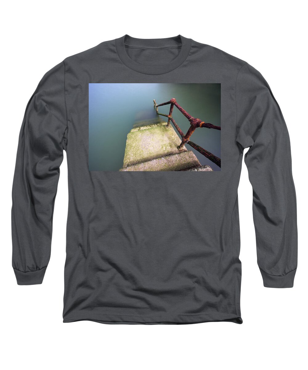 Railing Long Sleeve T-Shirt featuring the photograph Rusty Handrail Going Down On Water #2 by Mikel Martinez de Osaba