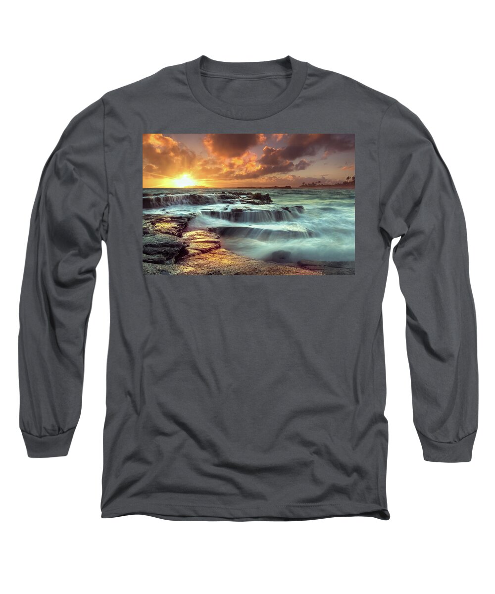 Oahu Hawaii Sunset Seascape Shoreline Clouds Ocean Long Sleeve T-Shirt featuring the photograph The Golden Hour #2 by James Roemmling
