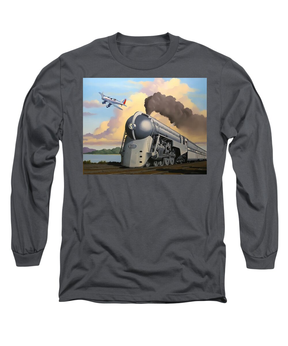 20th Century Limited Long Sleeve T-Shirt featuring the digital art 20th Century Limited and Plane by Chuck Staley