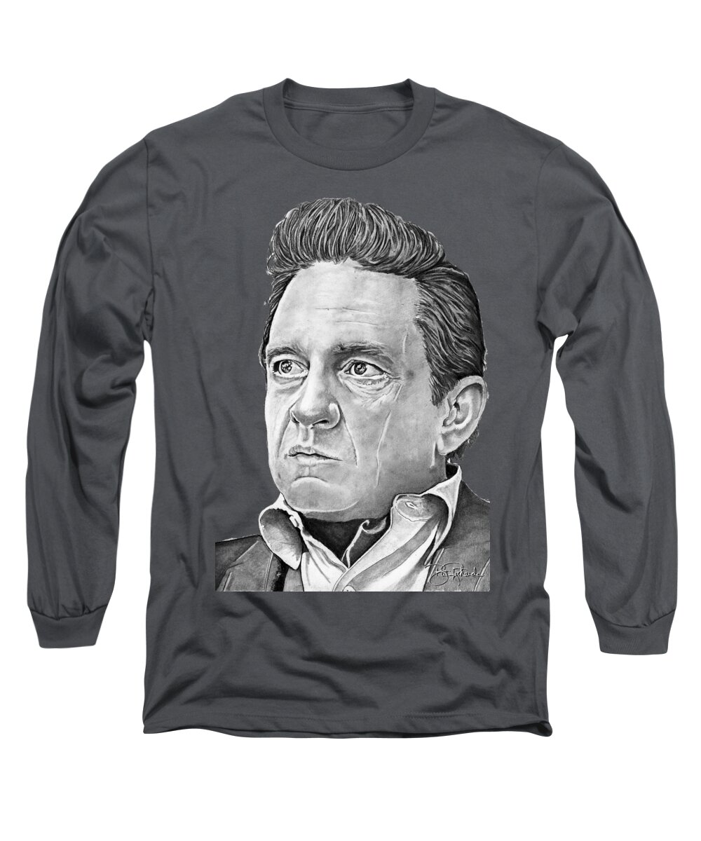 Johnny Long Sleeve T-Shirt featuring the drawing Johnny Cash #3 by Bill Richards
