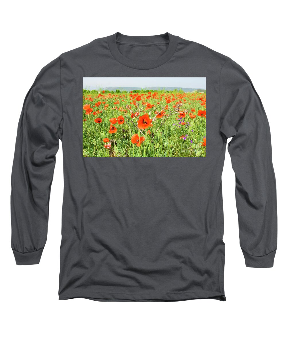 Red Long Sleeve T-Shirt featuring the photograph Meadow with red poppies #3 by Irina Afonskaya