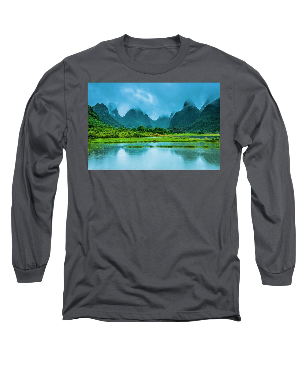Karst Long Sleeve T-Shirt featuring the photograph Karst rural scenery in raining #6 by Carl Ning