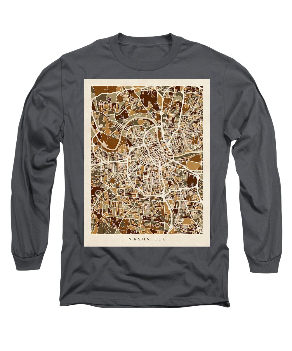 Nashville Long Sleeve T-Shirt featuring the digital art Nashville Tennessee City Map #6 by Michael Tompsett
