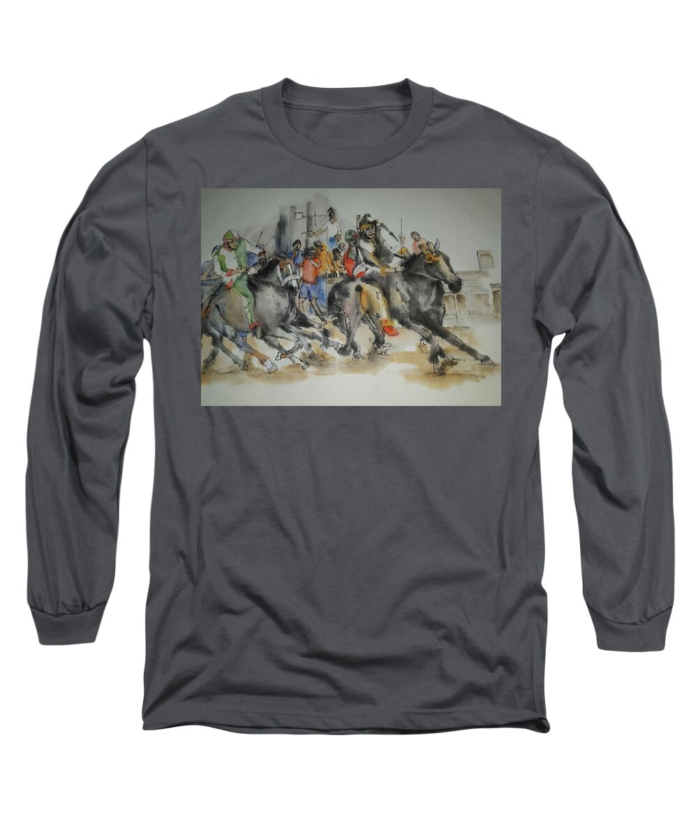 Il Palio. Siena. Italy. Horserace. Medieval. Event Long Sleeve T-Shirt featuring the painting Siena and their Palio album #8 by Debbi Saccomanno Chan
