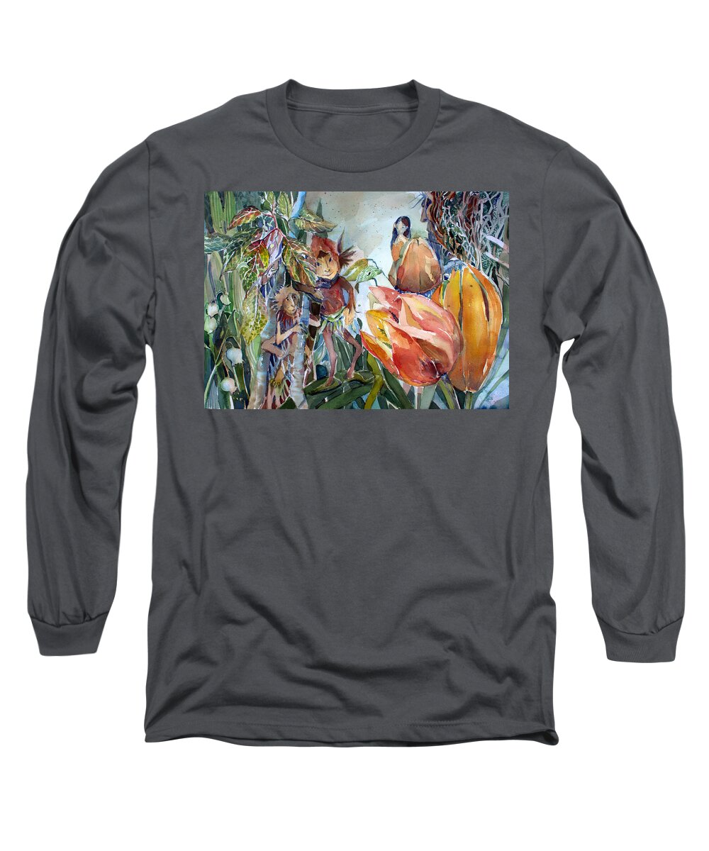 Elves Long Sleeve T-Shirt featuring the painting A Little Magic by Mindy Newman