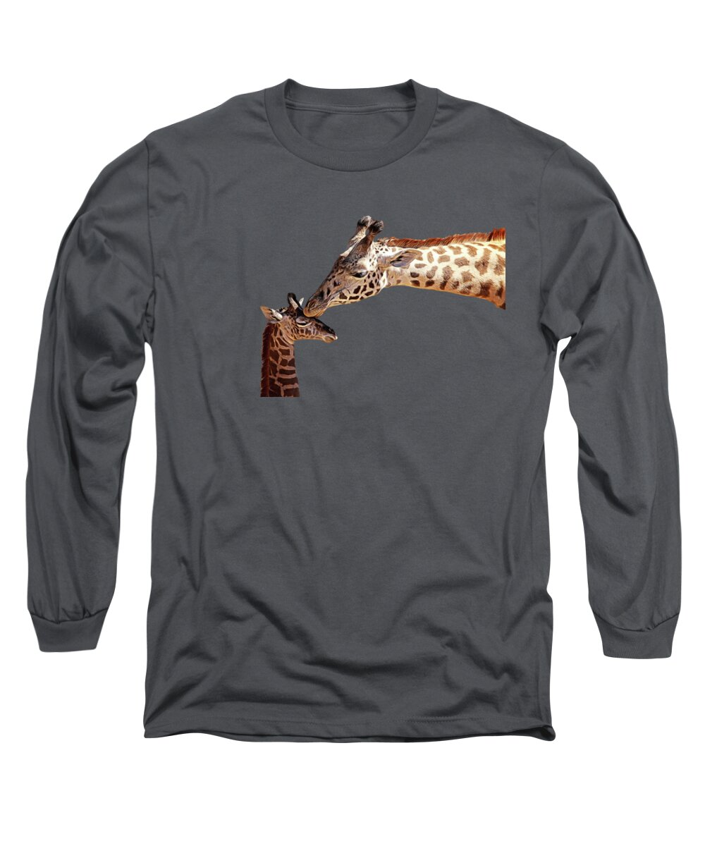 Giraffe Long Sleeve T-Shirt featuring the photograph A Mother's Kiss Painted by Judy Vincent