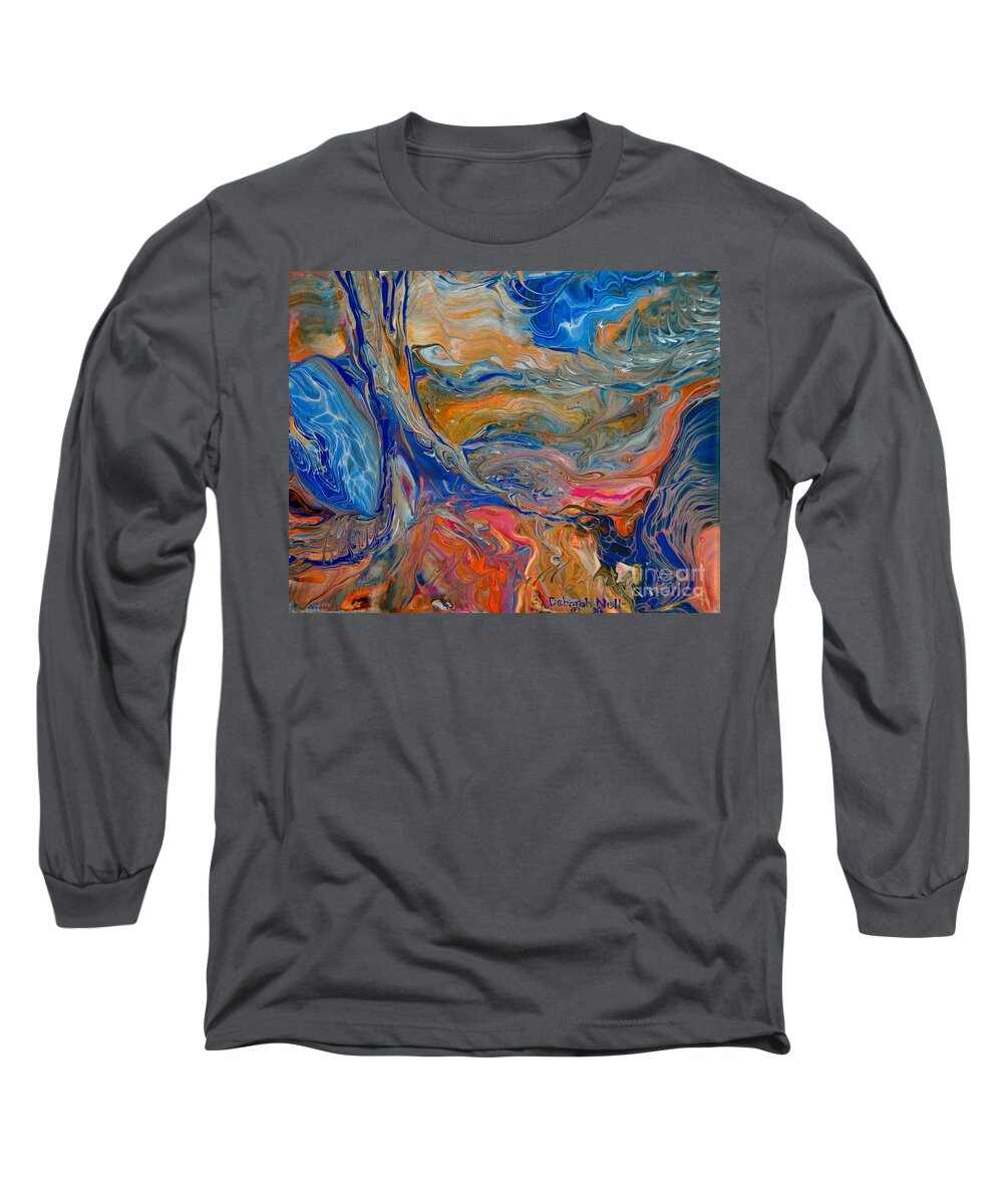 Acrylic Pour Long Sleeve T-Shirt featuring the painting A River Runs Through It by Deborah Nell