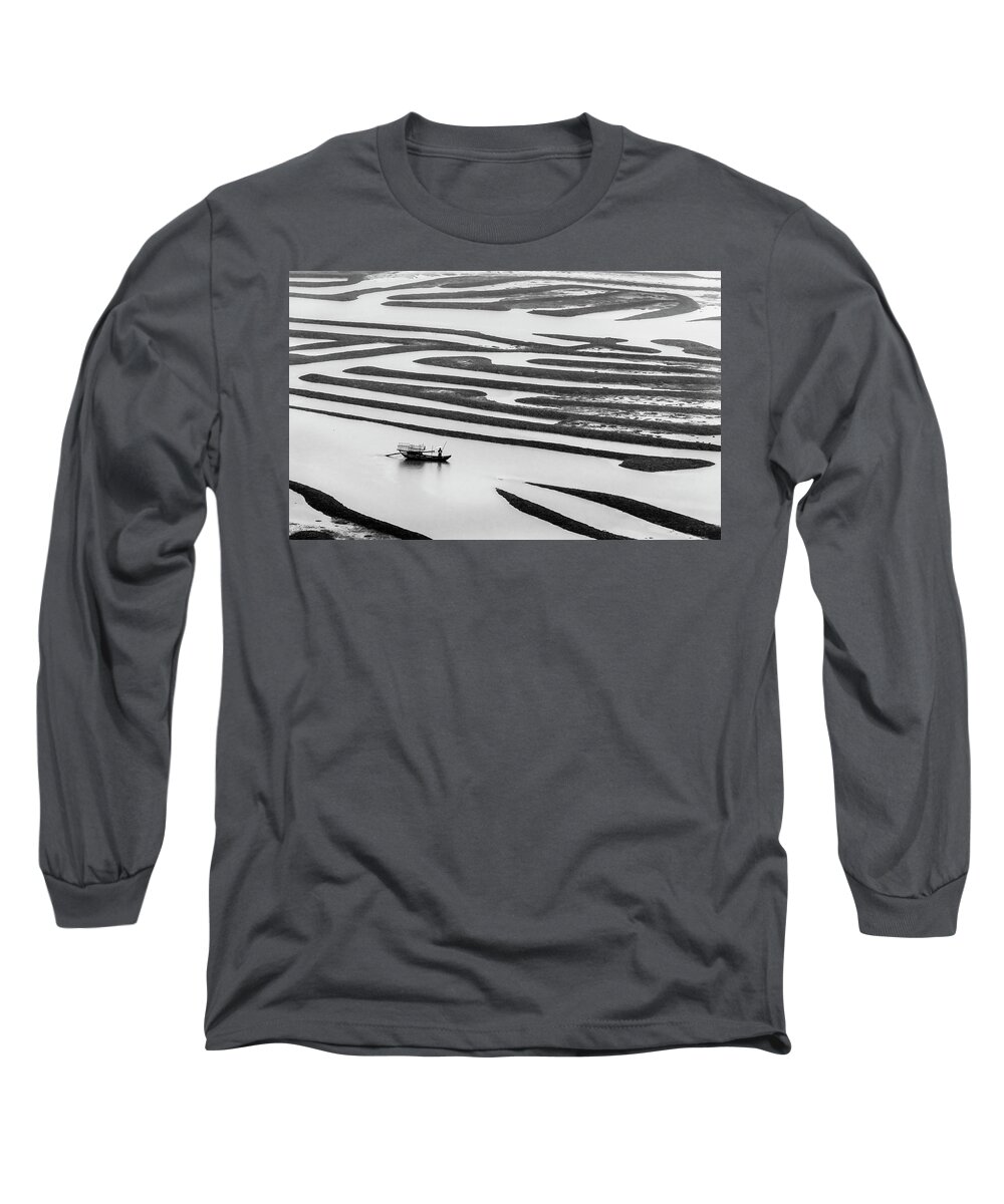 Asia Long Sleeve T-Shirt featuring the photograph A solitary boatman. by Usha Peddamatham