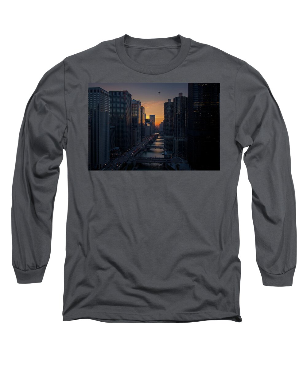 Chicago Long Sleeve T-Shirt featuring the photograph Above the Chicago River at sunset by Jay Smith