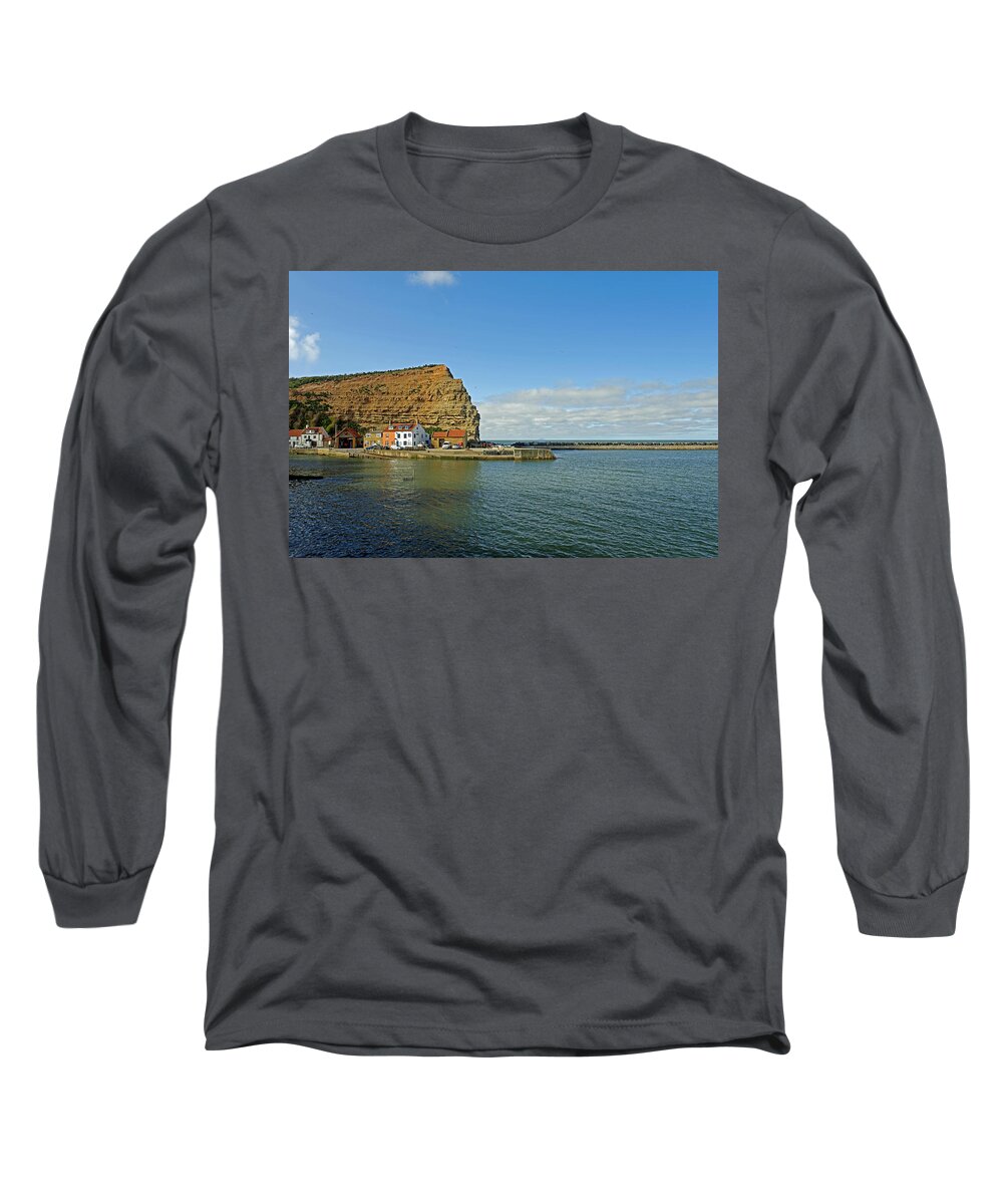 Britain Long Sleeve T-Shirt featuring the photograph Across Staithes Harbour To Cowbar Nab by Rod Johnson