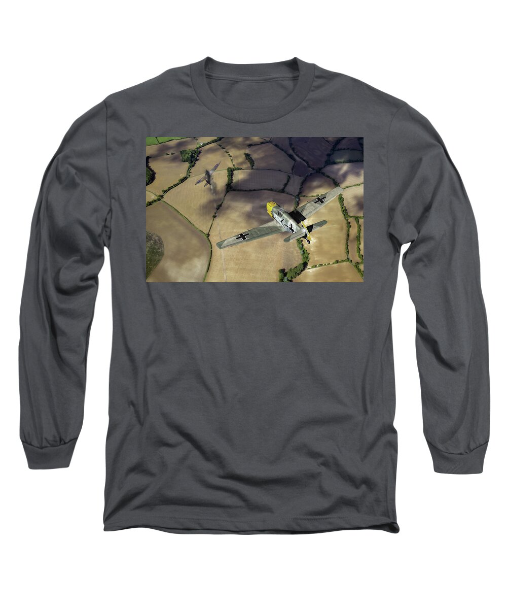 41 Squadron Long Sleeve T-Shirt featuring the photograph Adolf Galland attacking Spitfire by Gary Eason