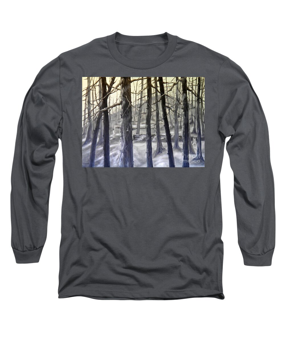 Burnt Trees Ash Yellow Grey Black Landscape Hill Sky Ground Log Light Shadow Dark Long Sleeve T-Shirt featuring the painting Aftermath 2 by Ida Eriksen