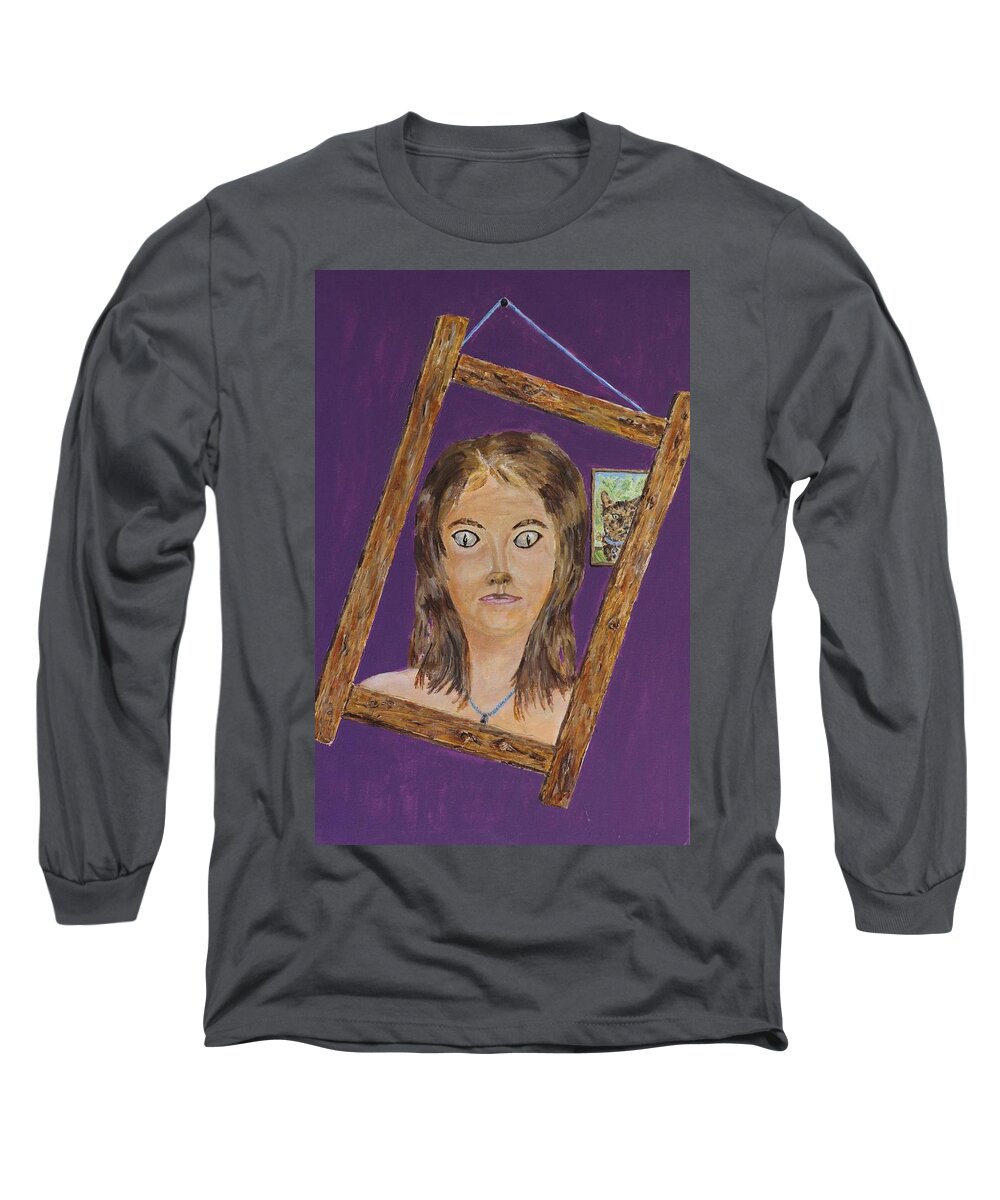 Ailurophile Long Sleeve T-Shirt featuring the painting Ailurophile too far? by David Capon