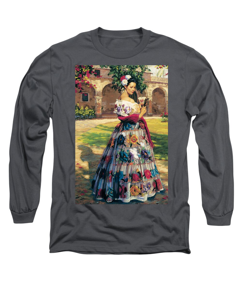 Woman Elaborately Embroidered Mexican Dress. Background Mission San Juan Capistrano. Long Sleeve T-Shirt featuring the painting Al Aire Libre by Jean Hildebrant
