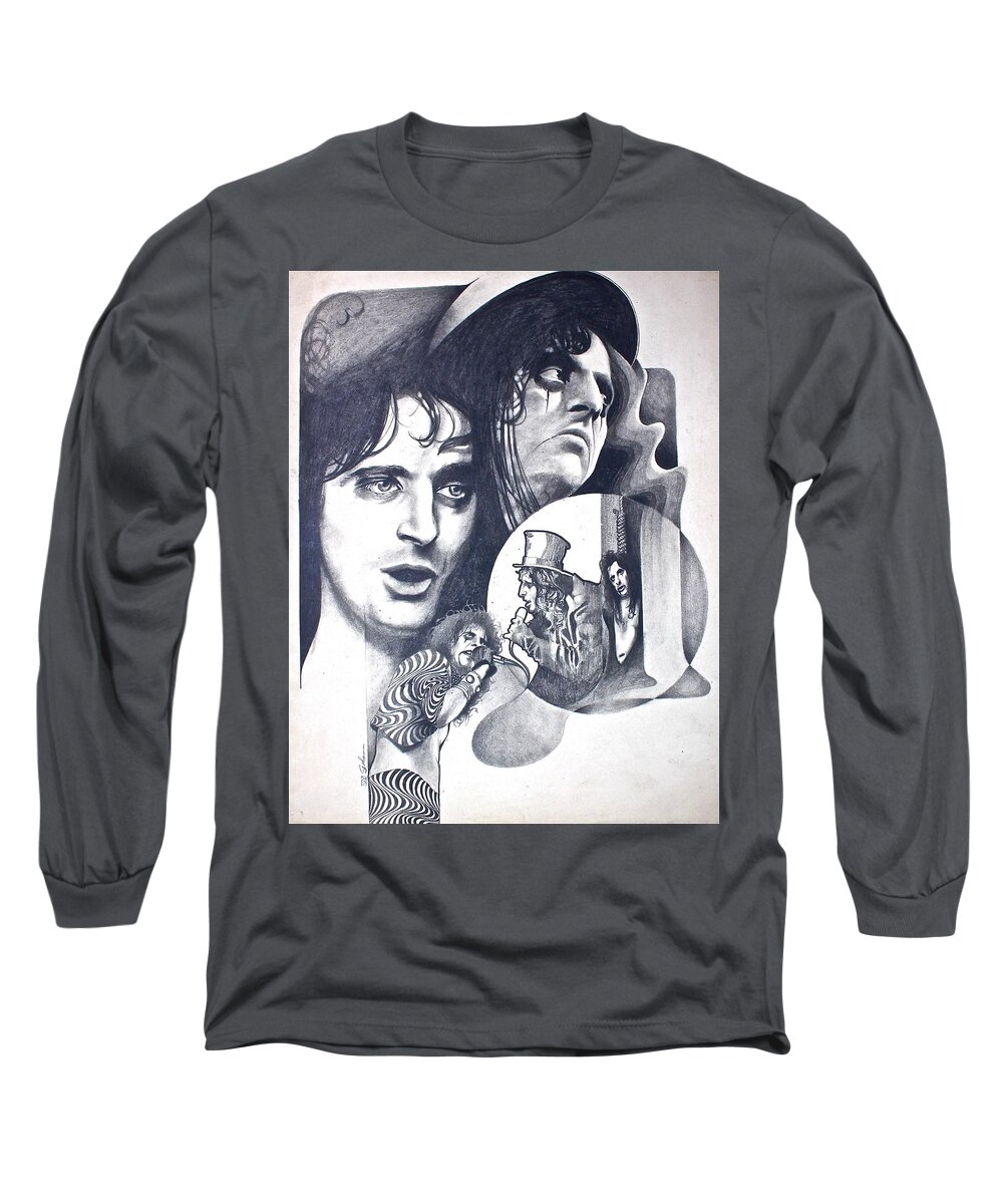 Pencil Drawing Long Sleeve T-Shirt featuring the drawing Alice Cooper by Cliff Spohn