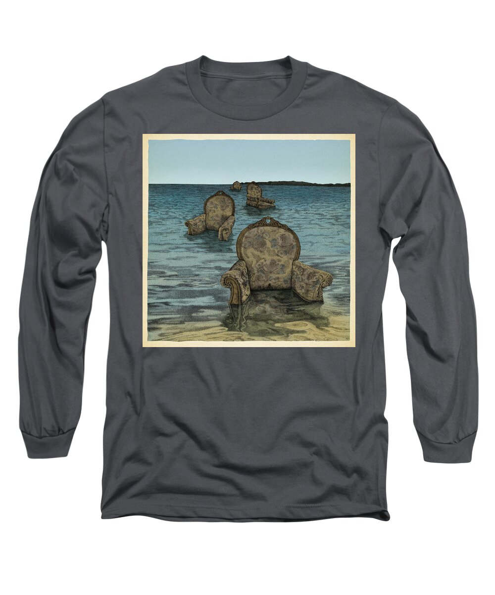 Chairs Water Ocean Long Sleeve T-Shirt featuring the drawing Alices Tears by Meg Shearer