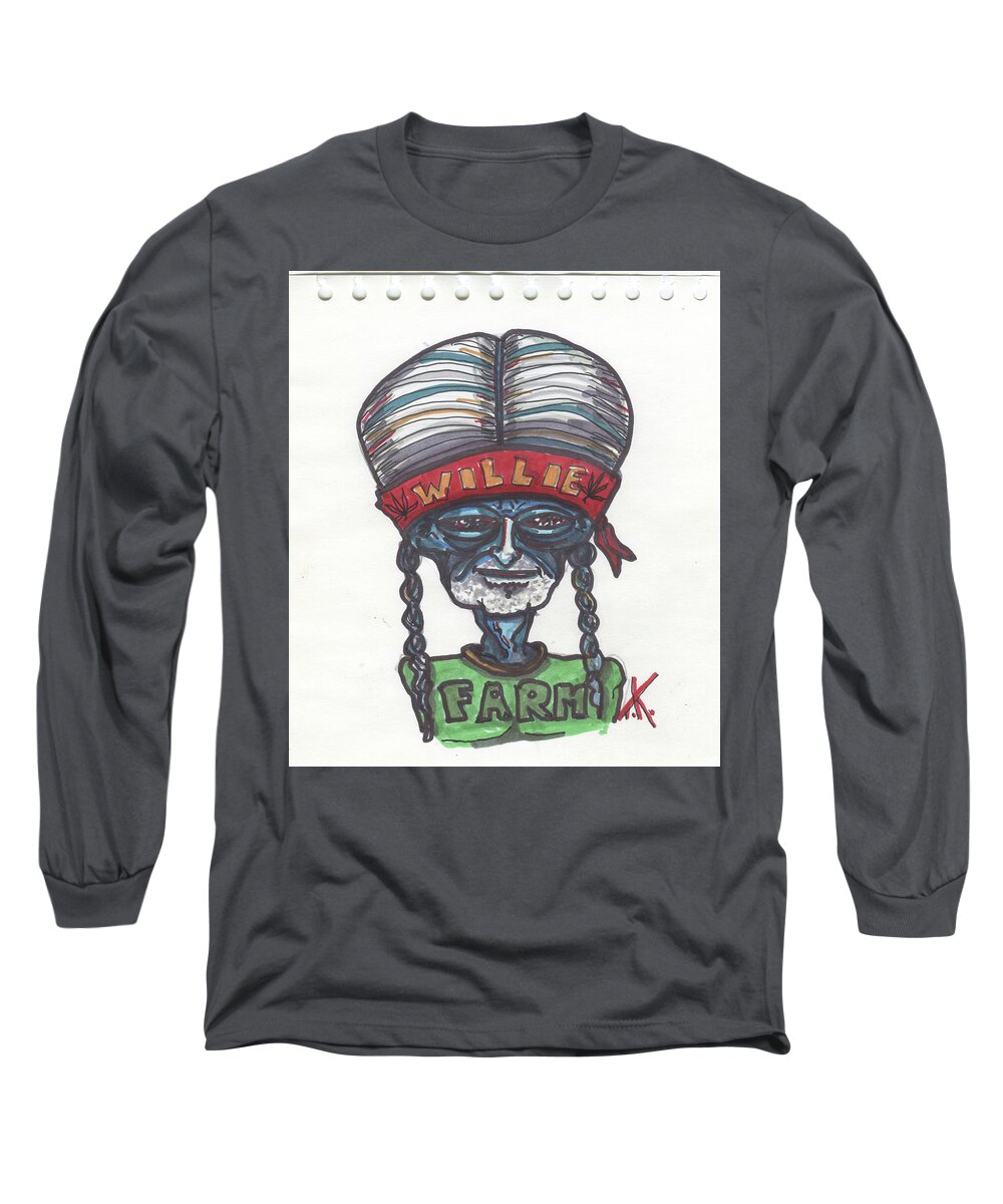 Willie Nelson Long Sleeve T-Shirt featuring the drawing alien Willie Nelson by Similar Alien