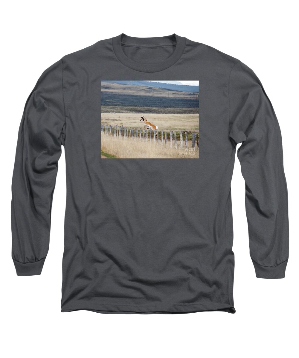 Antelope Long Sleeve T-Shirt featuring the photograph Antelope jumping fence 1 by Rebecca Margraf