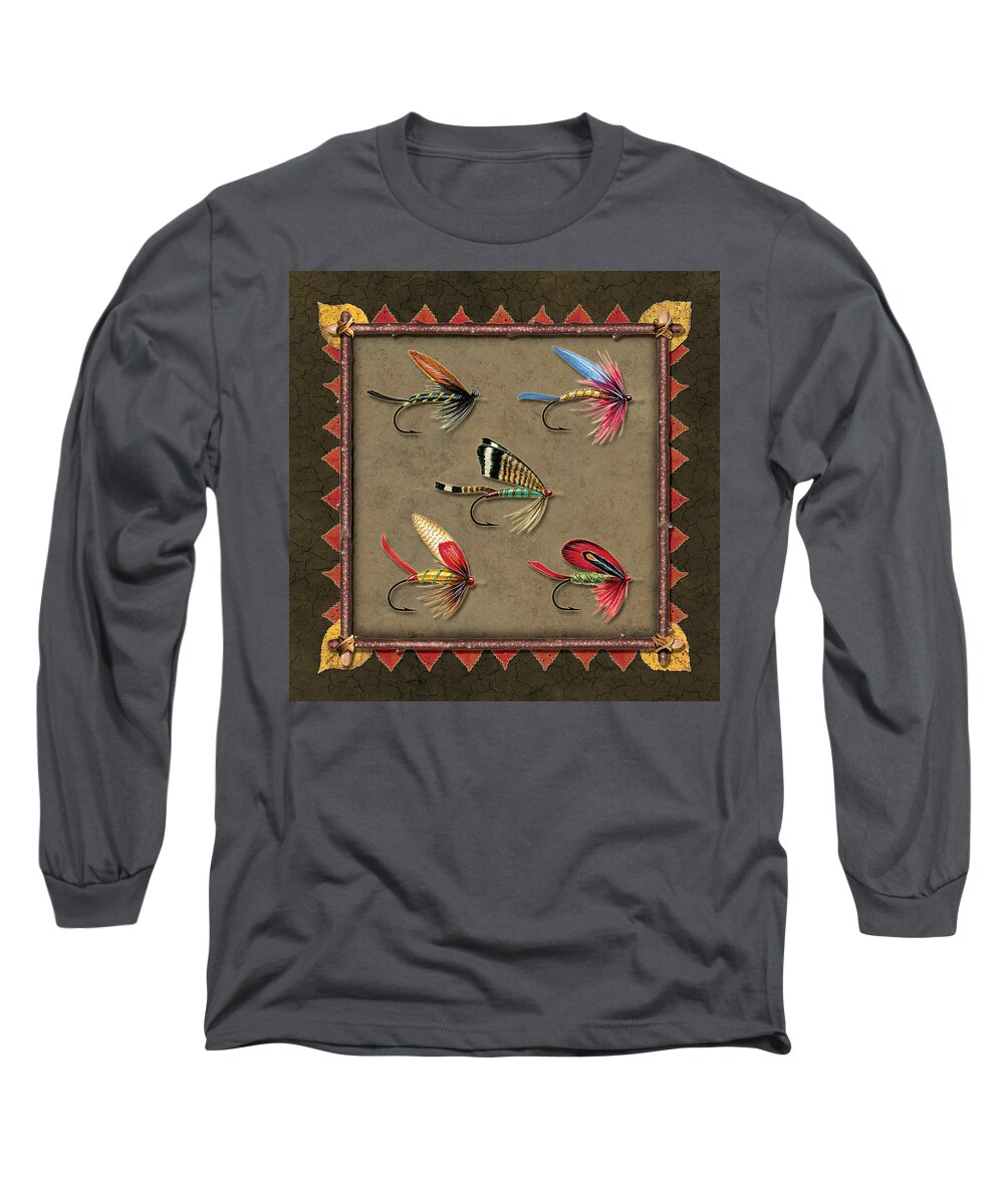 Jon Q Wright Jq Licensing Trout Fly Flyfishing Brown Trout Rainbow Trout Brook Trout Cutthroat Trout Fishing Lodge Cabin Long Sleeve T-Shirt featuring the painting Antique Fly Panel by JQ Licensing