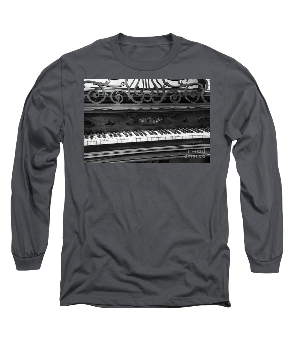 Piano Long Sleeve T-Shirt featuring the photograph Antique Piano Black And White by Sharon McConnell
