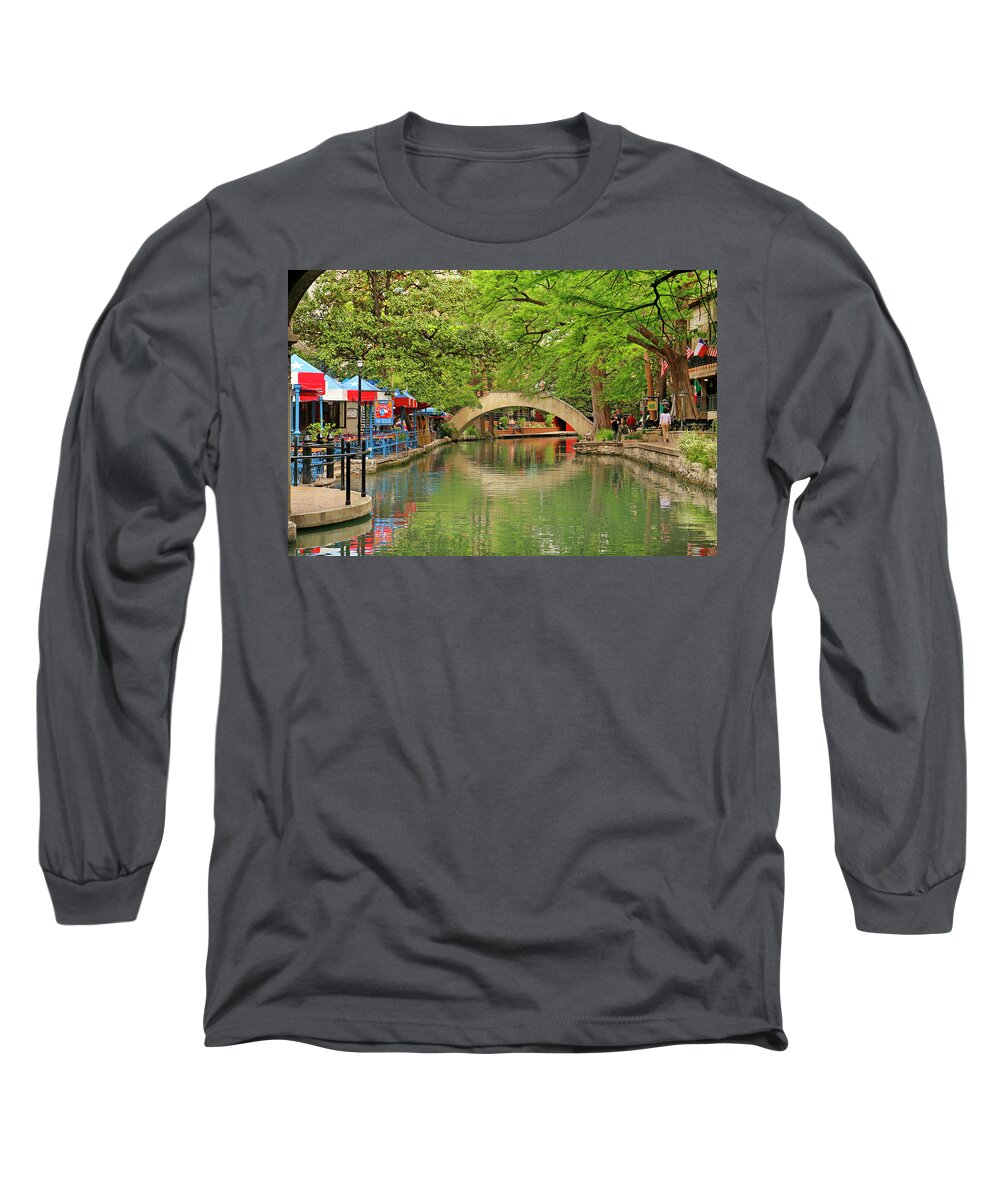 San Antonio Texas Long Sleeve T-Shirt featuring the photograph Arched Bridge Reflection - San Antonio by Art Block Collections