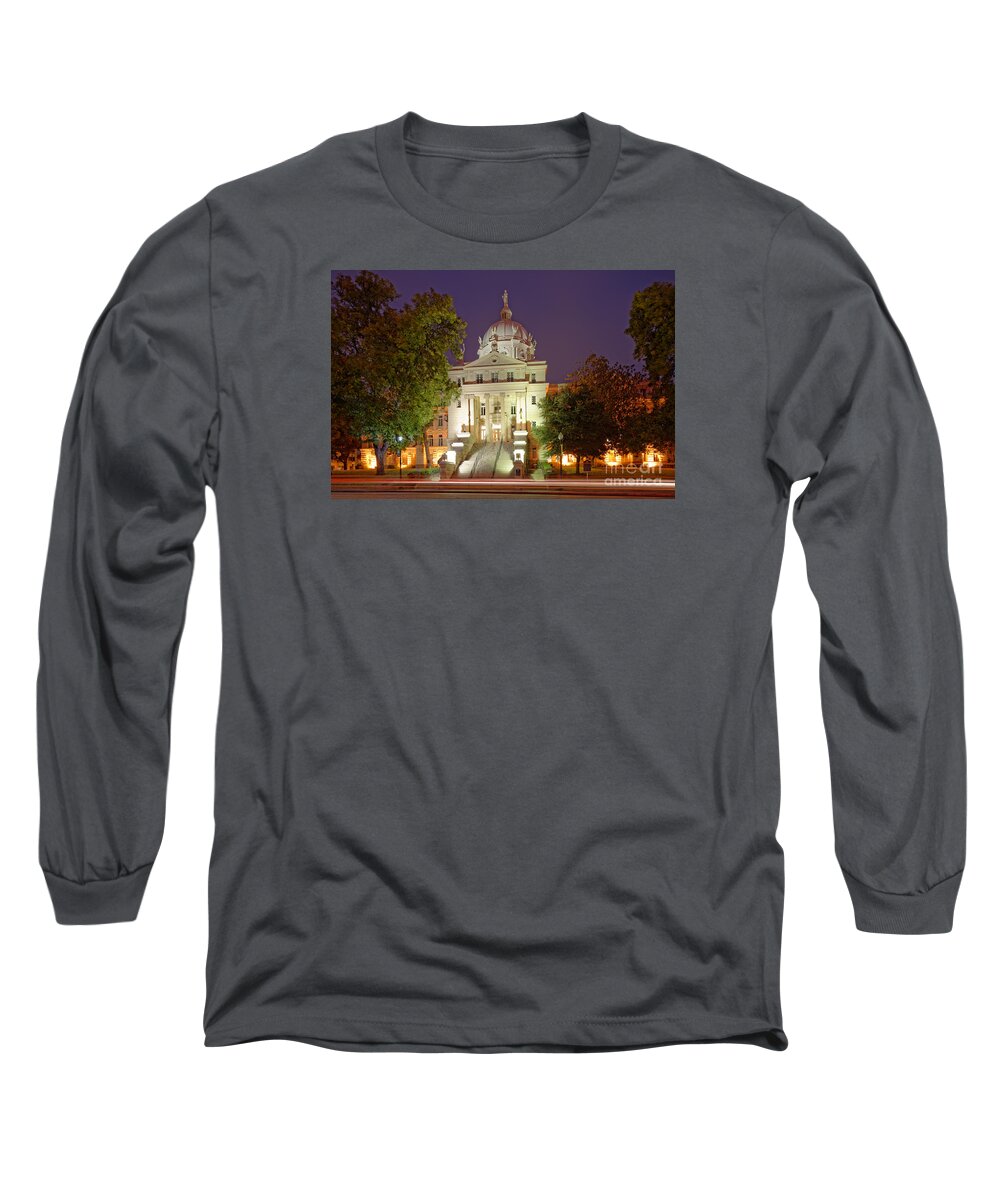 Downtown Long Sleeve T-Shirt featuring the photograph Architectural Photograph of McLennan County Courthouse at Dawn - Downtown Waco Central Texas by Silvio Ligutti