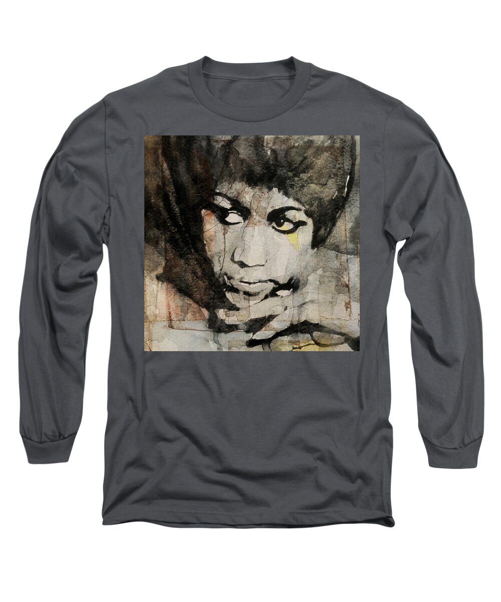Aretha Franklin Long Sleeve T-Shirt featuring the painting Aretha Franklin - Don't Play That Song For Me by Paul Lovering