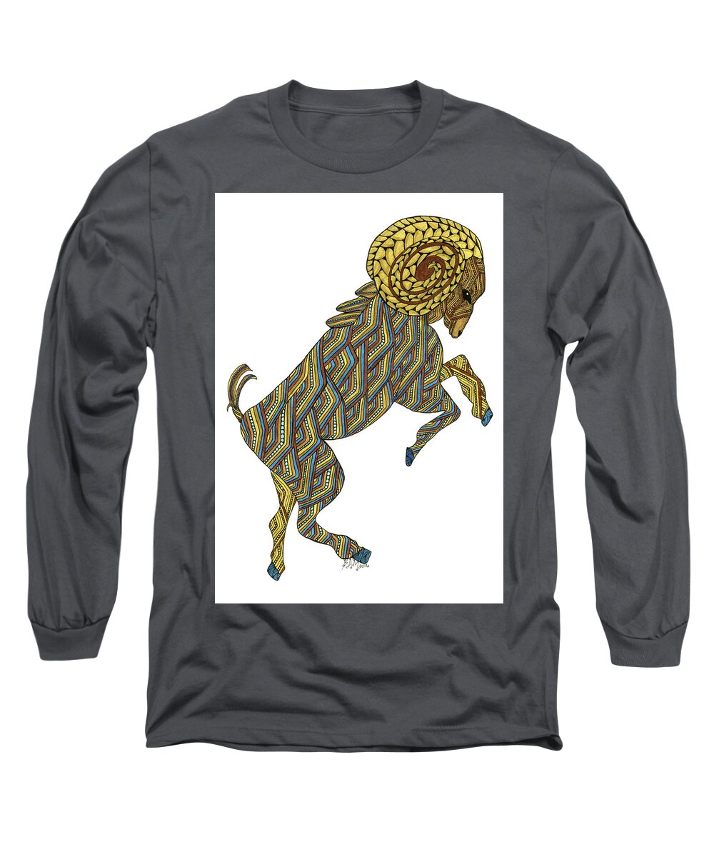 Zodiac Long Sleeve T-Shirt featuring the drawing Aries by Barbara McConoughey