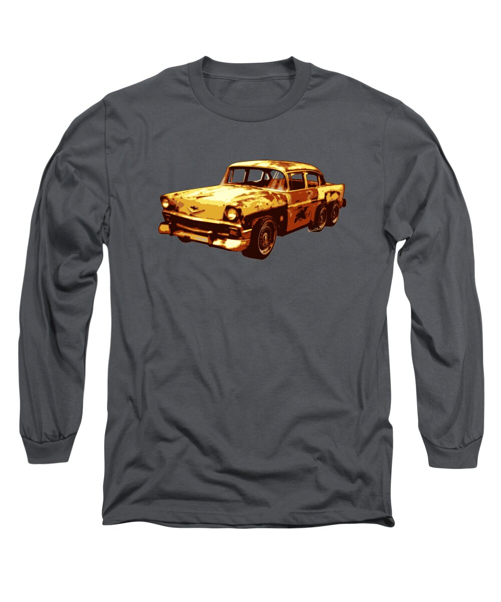 Roadrunner Long Sleeve T-Shirt featuring the photograph Roadrunner The Snake and The 56 Chevy Rat Rod by Chas Sinklier