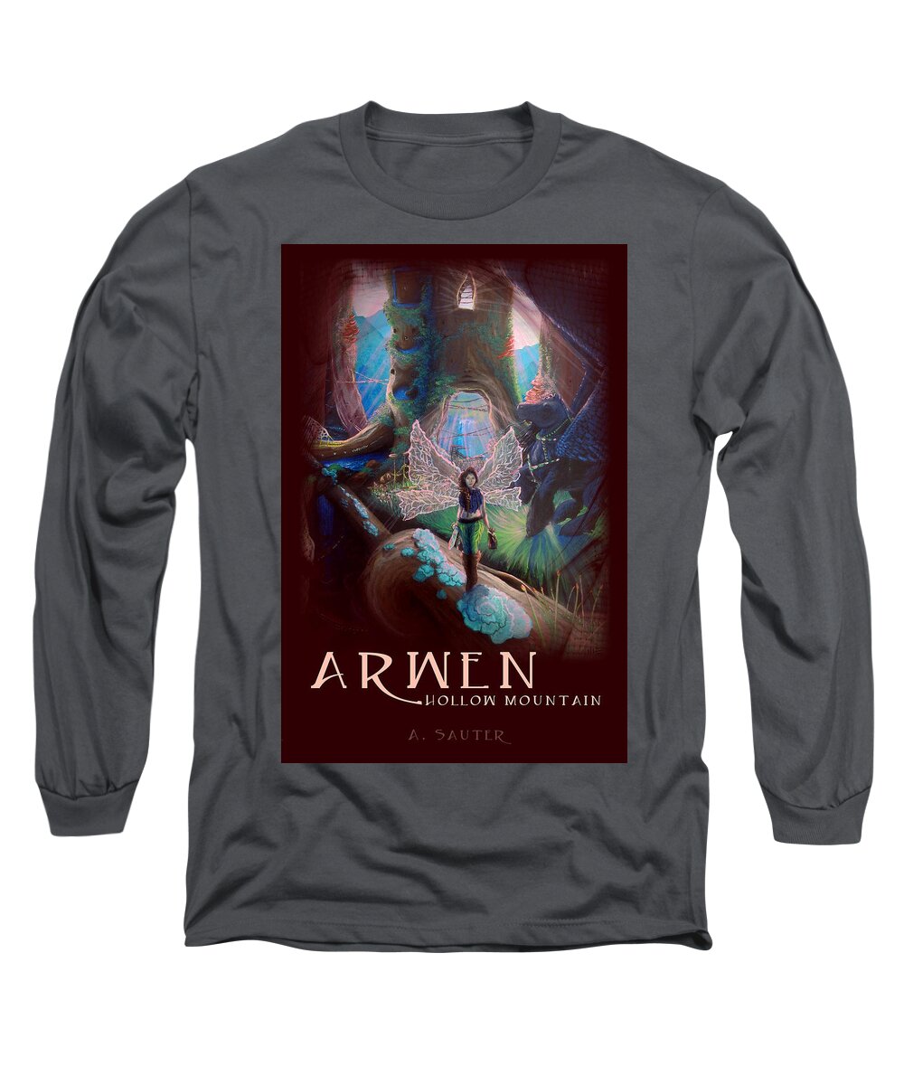 Mahogany Long Sleeve T-Shirt featuring the mixed media ARWEN Hollow Mountain Book Cover by M E